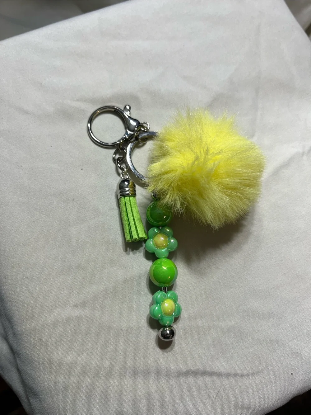Pom Pom Keychain with Green Floral Beads